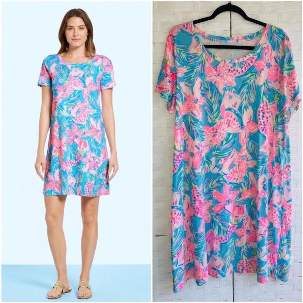 Lilly Pulitzer Cody T-Shirt Dress Gimme The Juice Blue Ibiza XXL 2X Preppy Palm